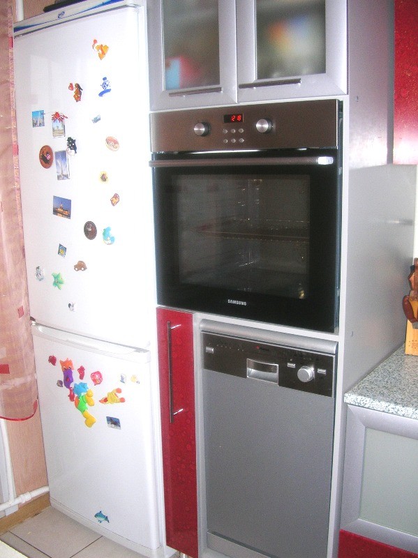 холодильник и кухонный пенал. Электродуховка расположена на уровне груди